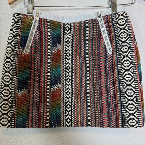 Maje Aztec Pattern Cotton Skirt with Leather Trim Size 36 US Size Small - Picture 2 of 8